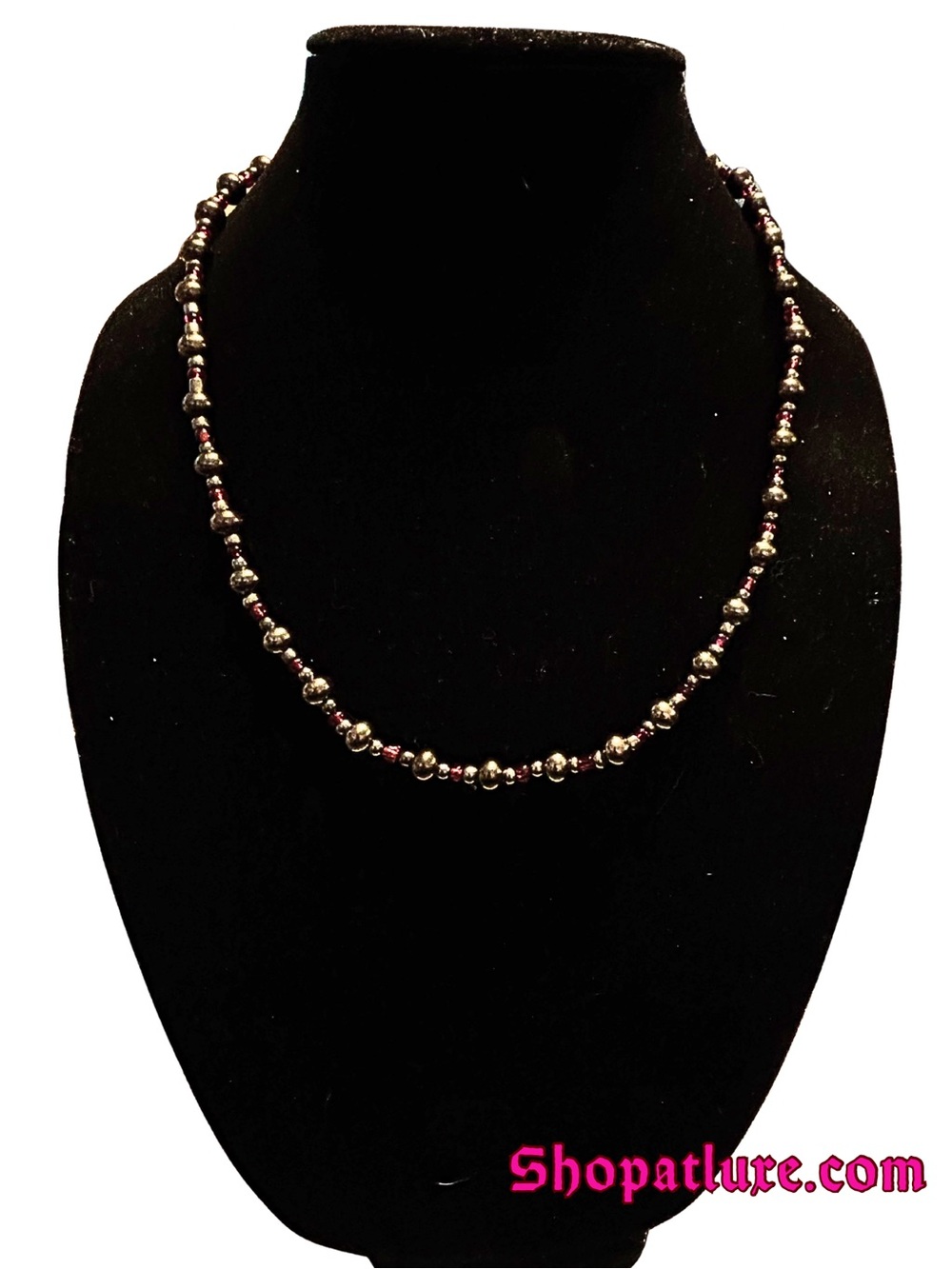 Beaded Silver and Burgundy Necklace by